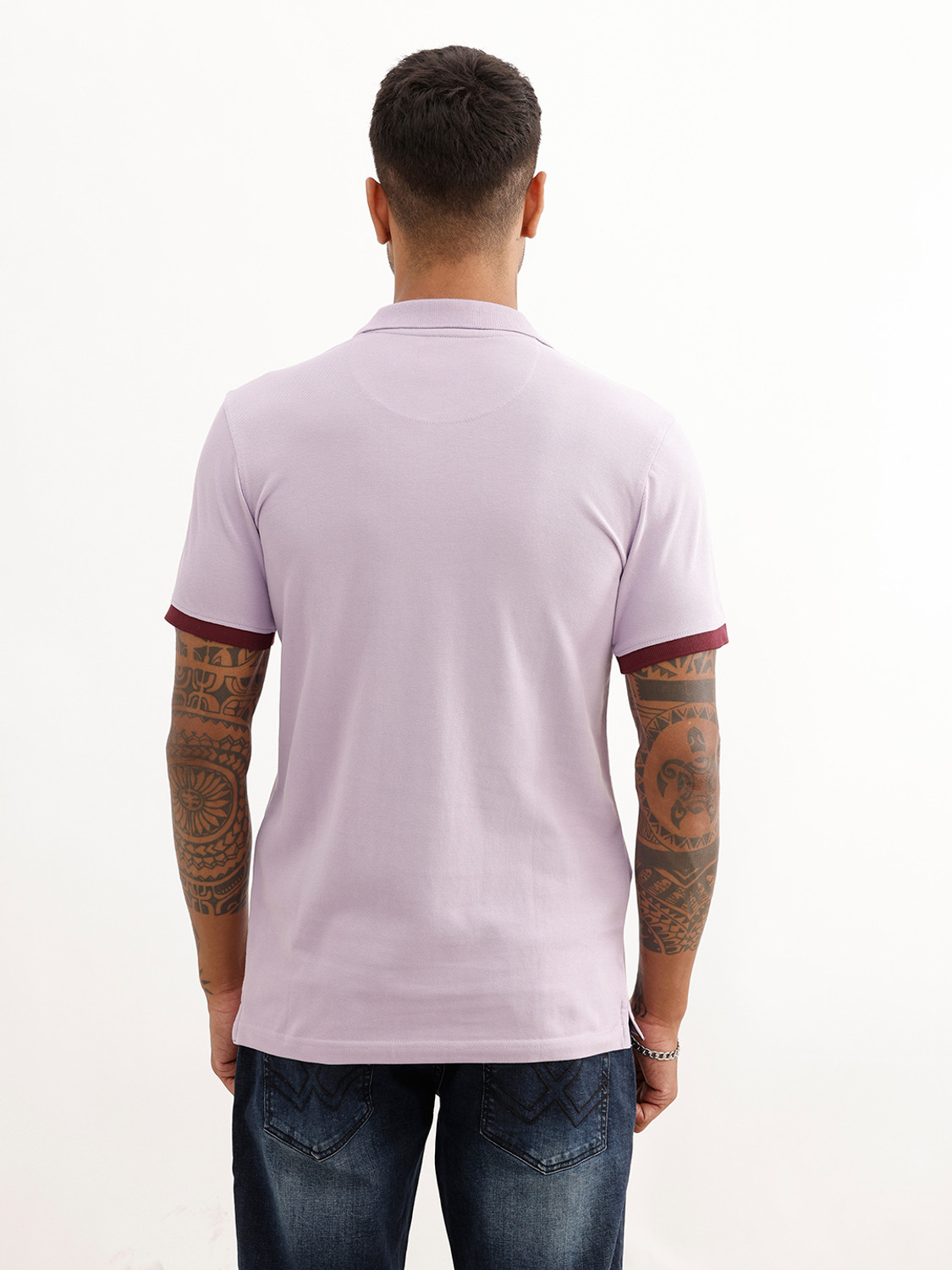 Image of WROGN Men Solid Polo Neck Pure Cotton Purple T-Shirt