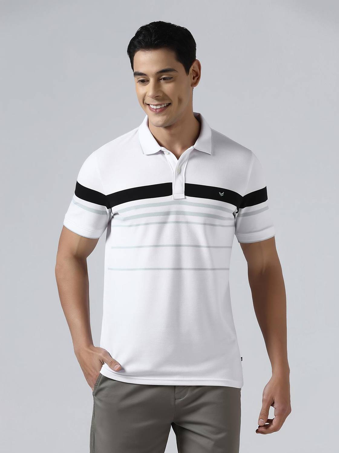 Blackberrys Striped Men Polo Neck White T-Shirt