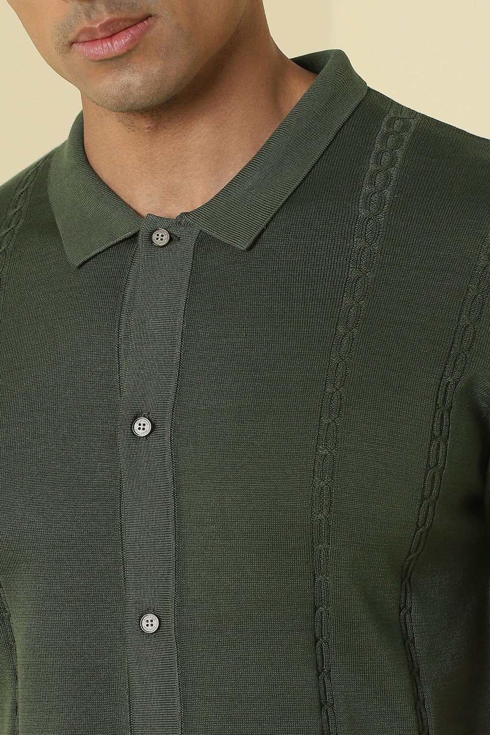 Image of Allen Solly Men Solid Polo Neck Pure Cotton Green T-Shirt