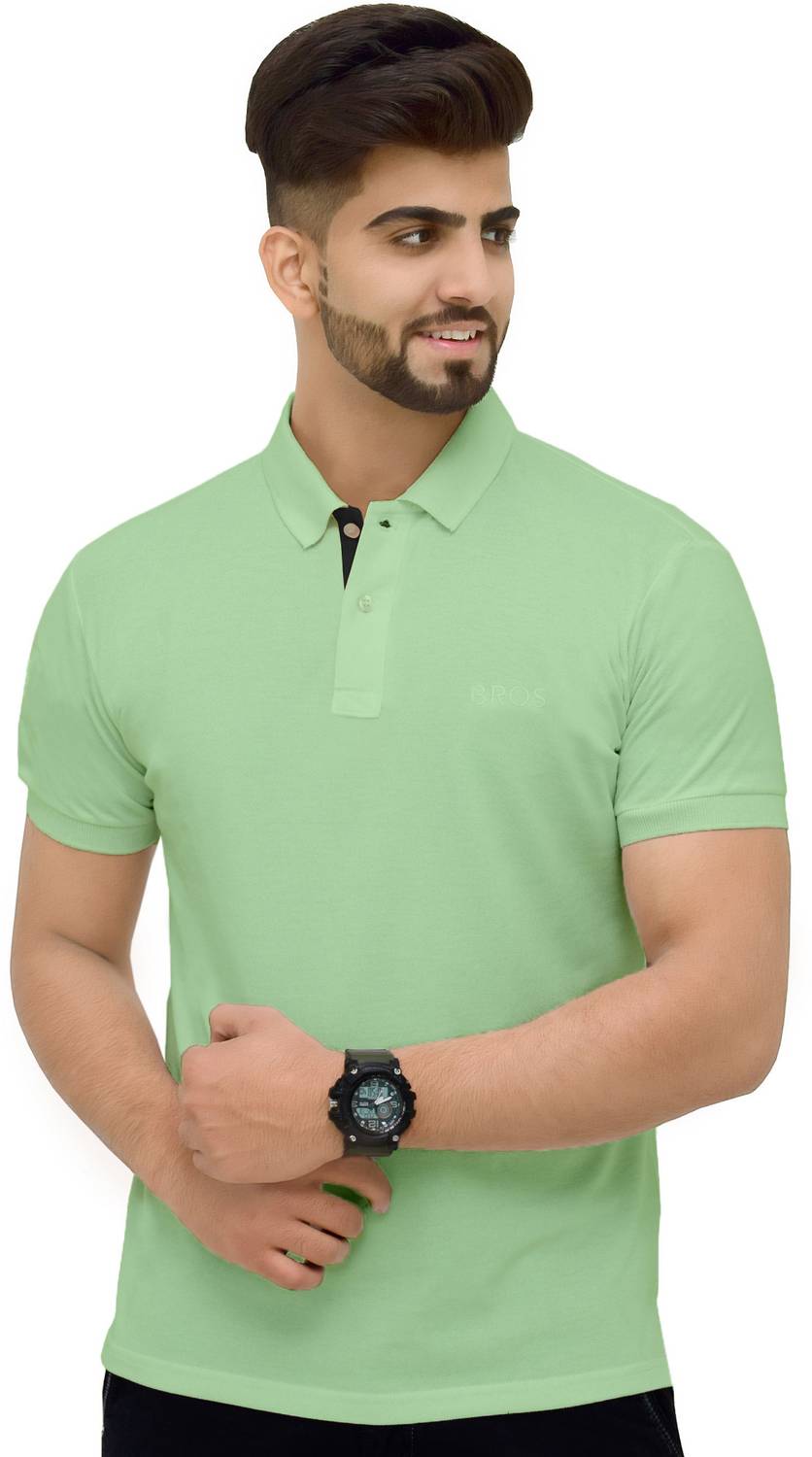 3BROS Men Solid Polo Neck Cotton Blend Green T-Shirt