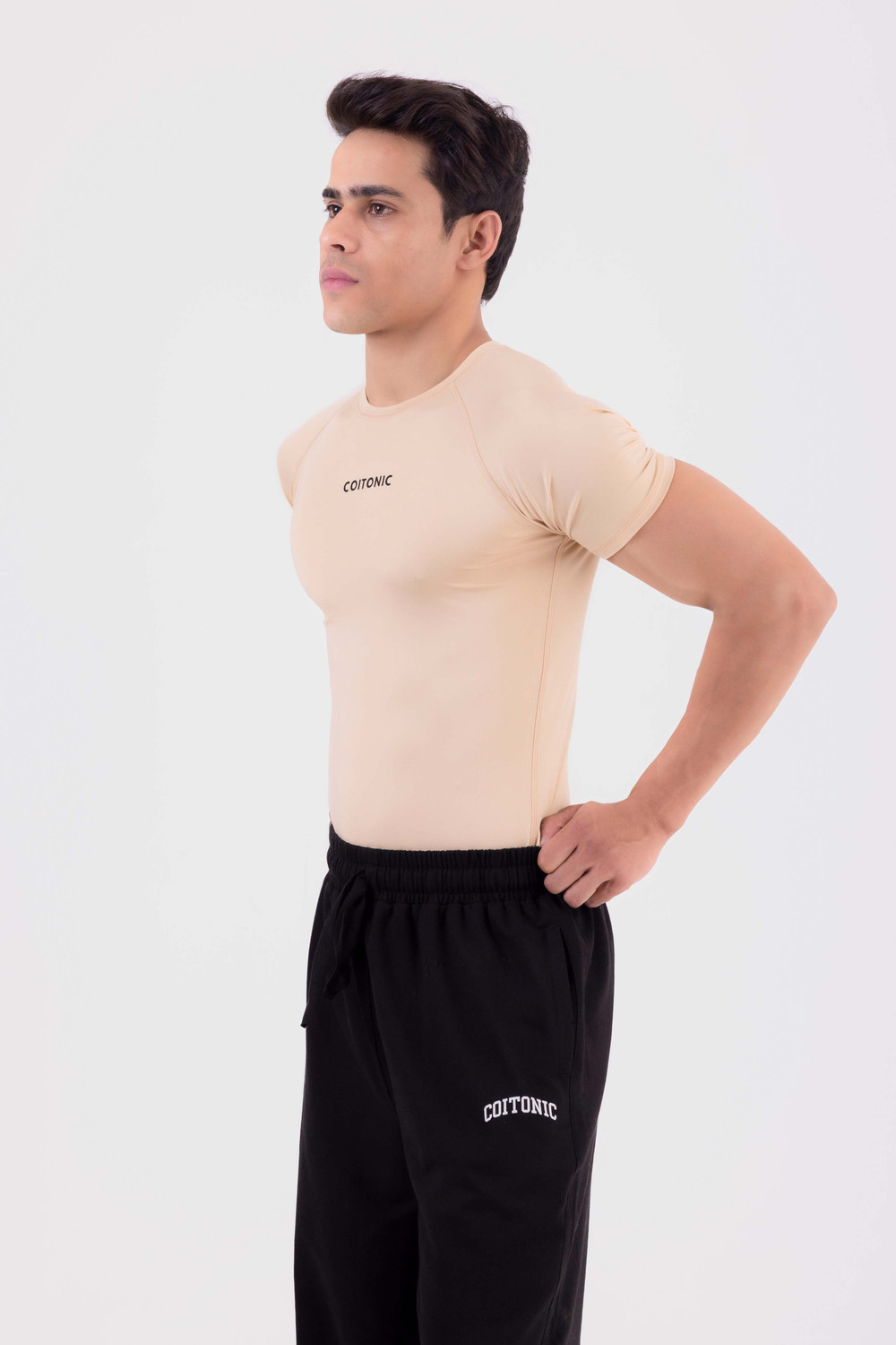 Image of COITONIC Printed Men Round Neck Beige T-Shirt