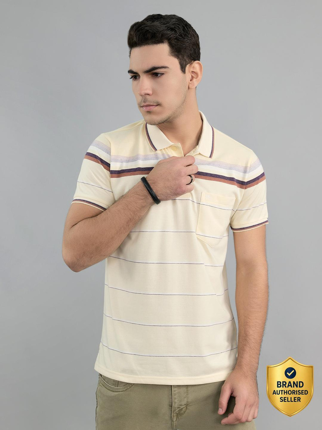 Image of MONTE CARLO Men Striped Polo Neck Cotton Blend Orange T-Shirt