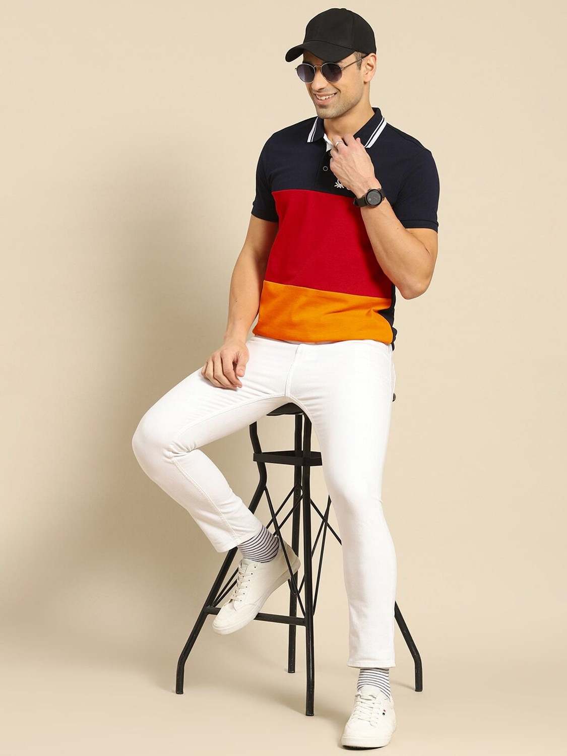 Image of United Colors of Benetton Striped Men Polo Neck Black, Red T-Shirt