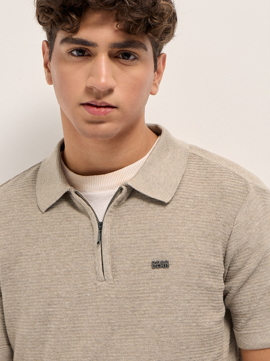 Image of THE BEAR HOUSE Self Design Men Polo Neck Beige T-Shirt