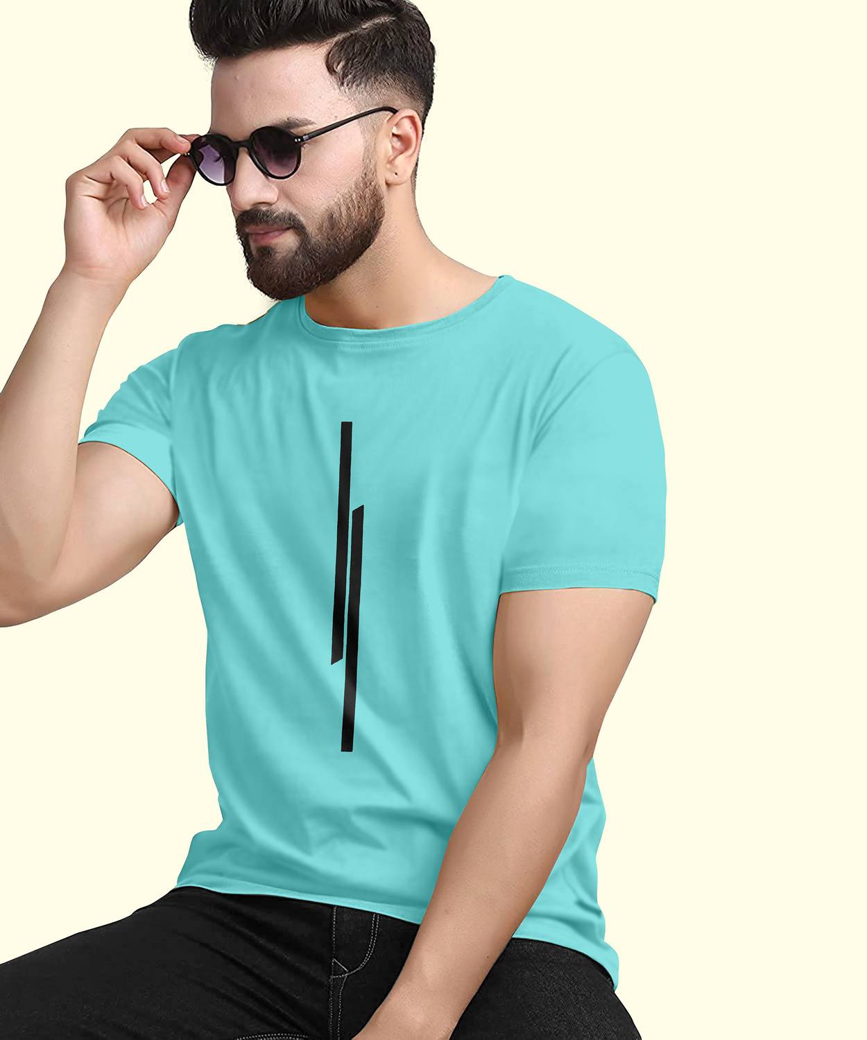 KAJARU Men Striped Round Neck Polyester Blue T-Shirt