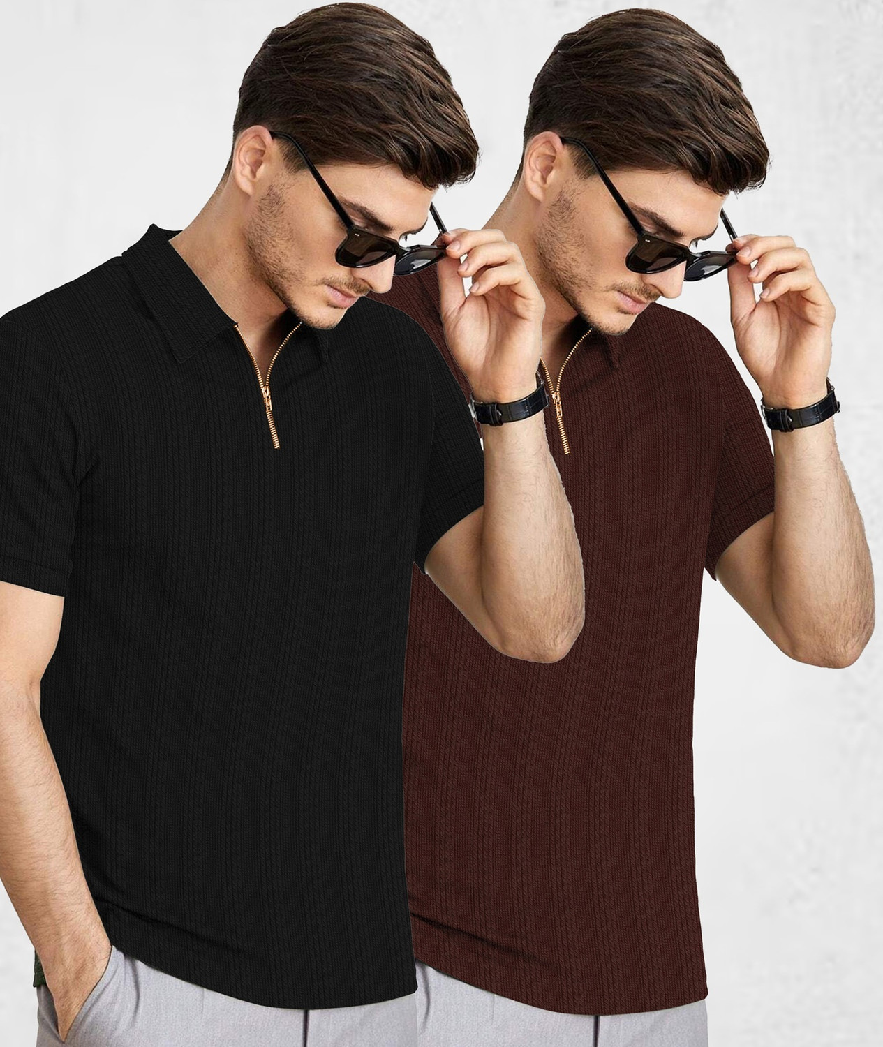 Image of KAJARU Self Design Men Zip Neck Brown, Black T-Shirt