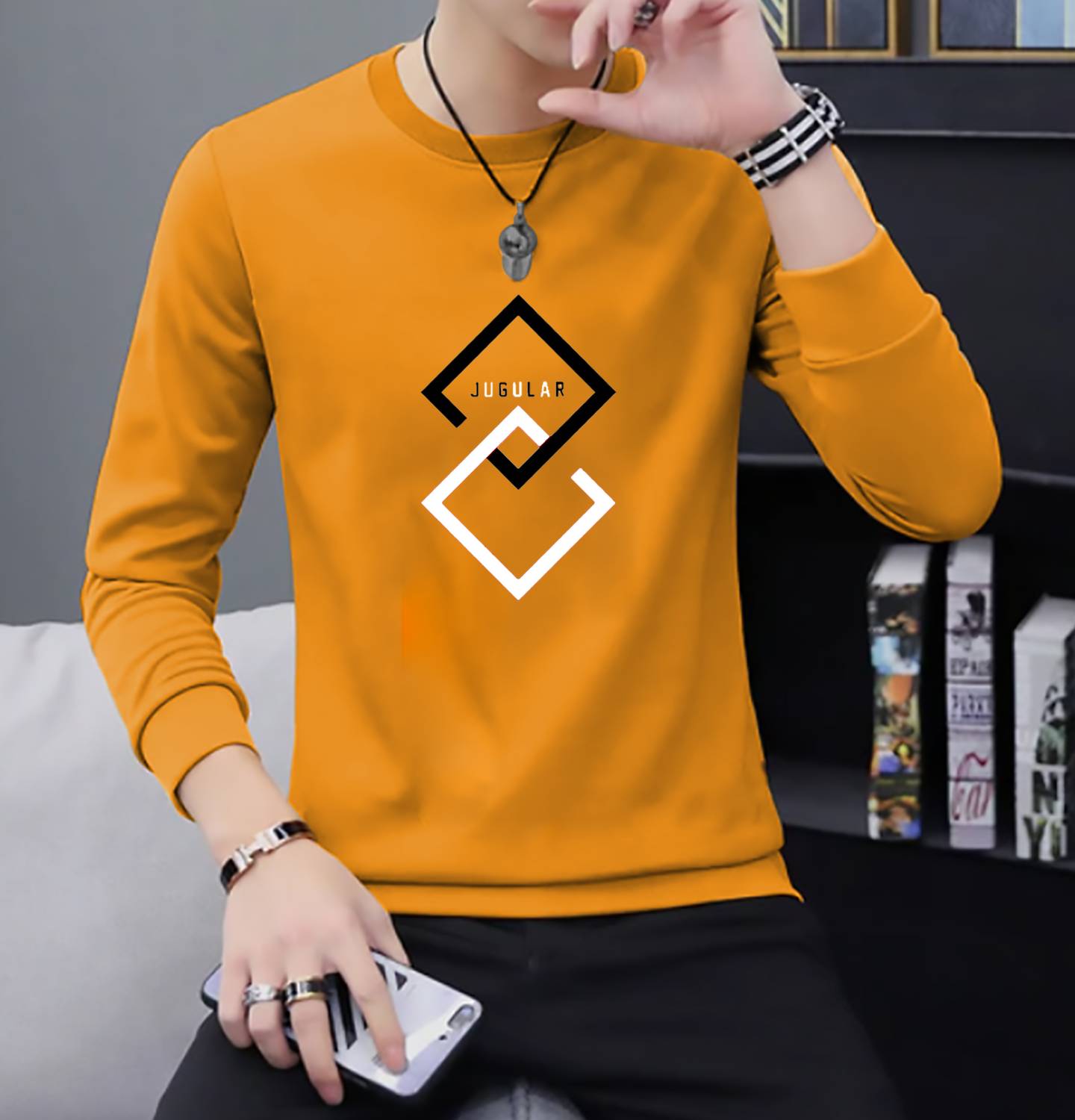 JUGULAR Men Printed Round Neck Pure Cotton Yellow T-Shirt