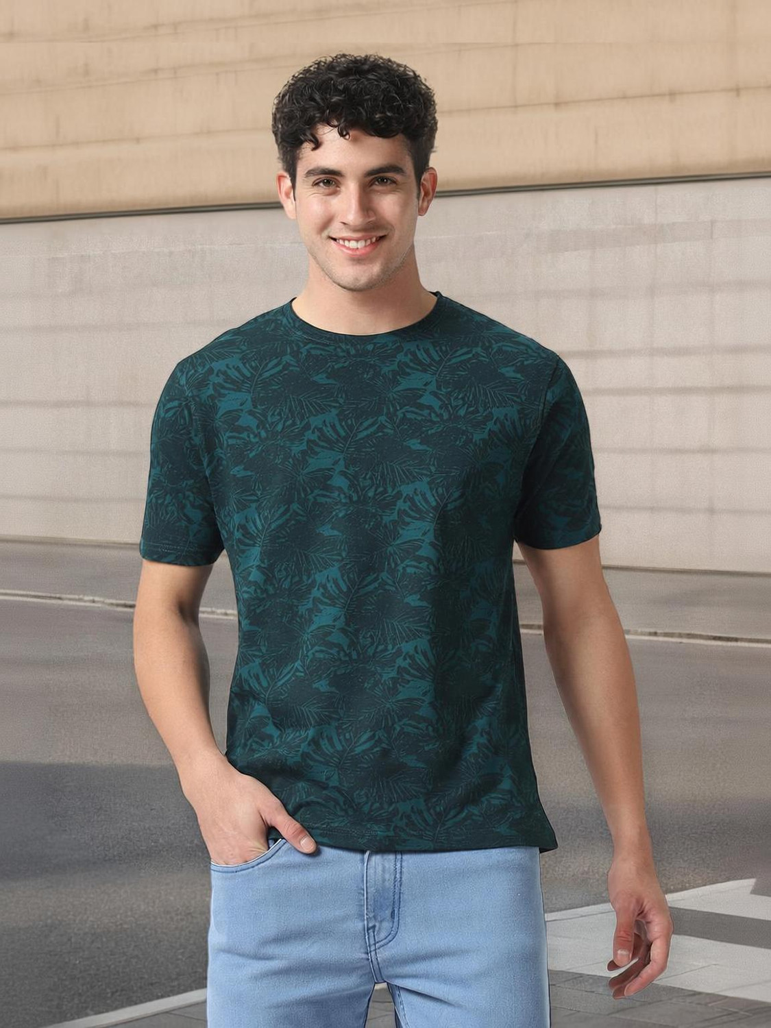 Image of Urbano Fashion Self Design Men Round Neck Dark Green T-Shirt