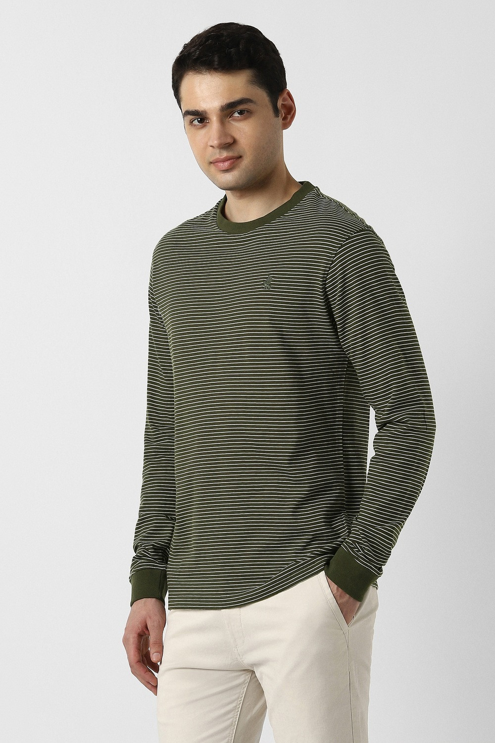 Image of PETER ENGLAND Striped Men Crew Neck Green T-Shirt