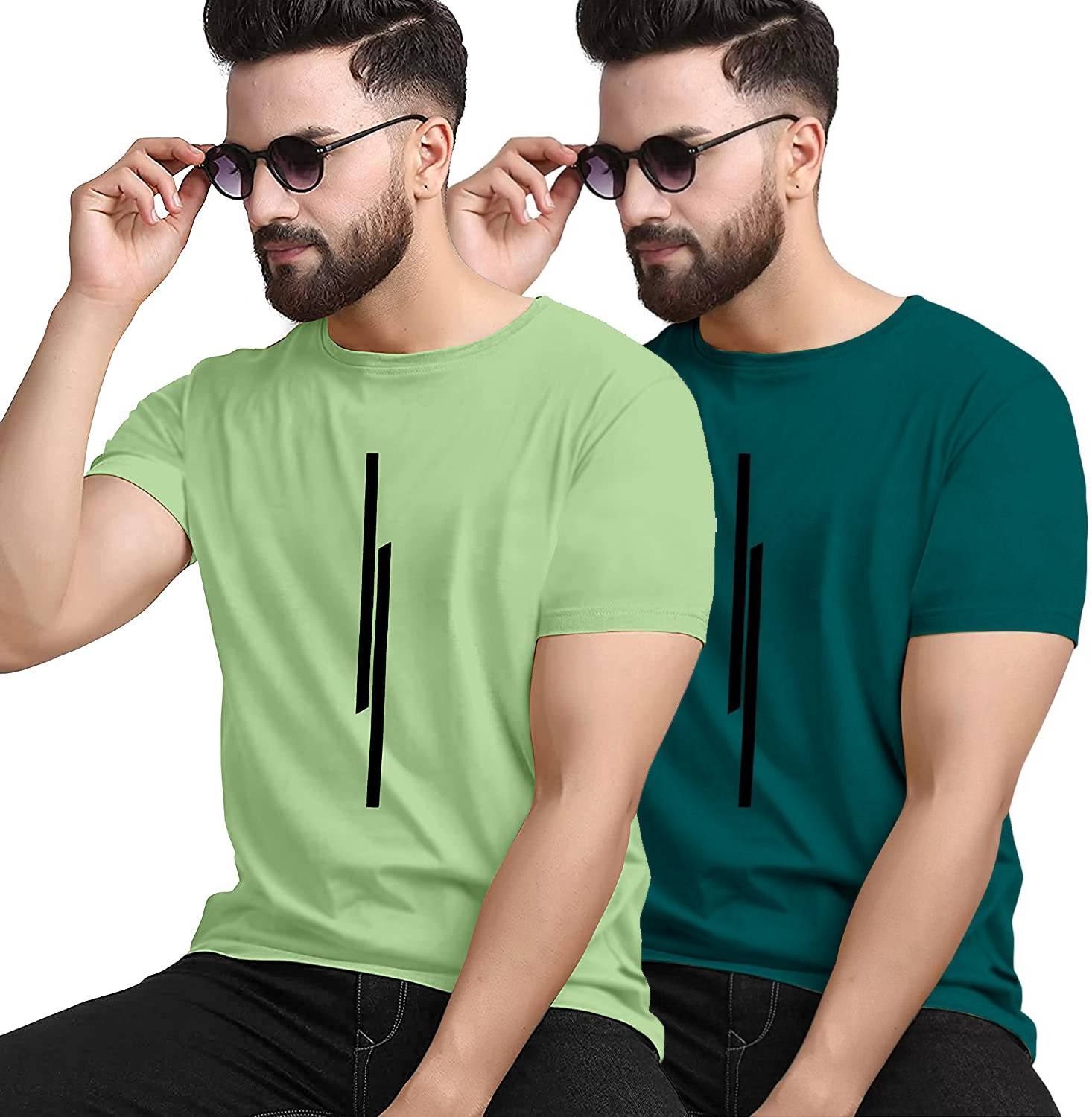 KAJARU Pack of 2 Men Striped Round Neck Polyester Light Green, Da