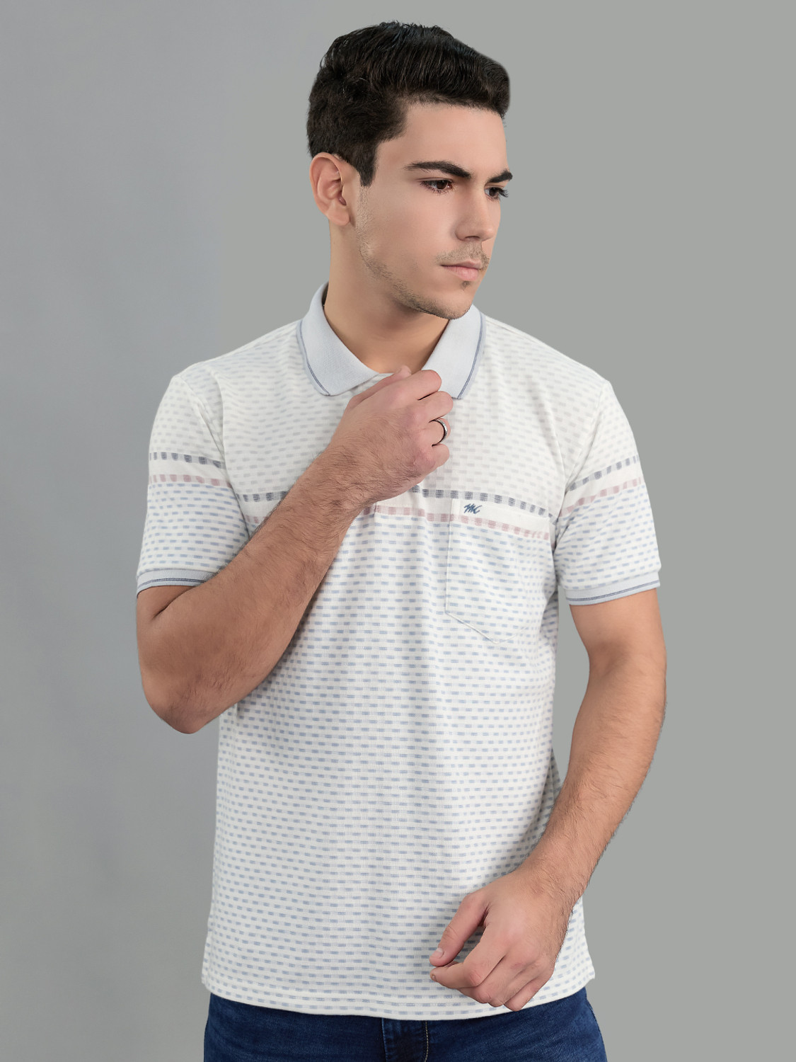 Image of MONTE CARLO Striped Men Polo Neck Grey T-Shirt