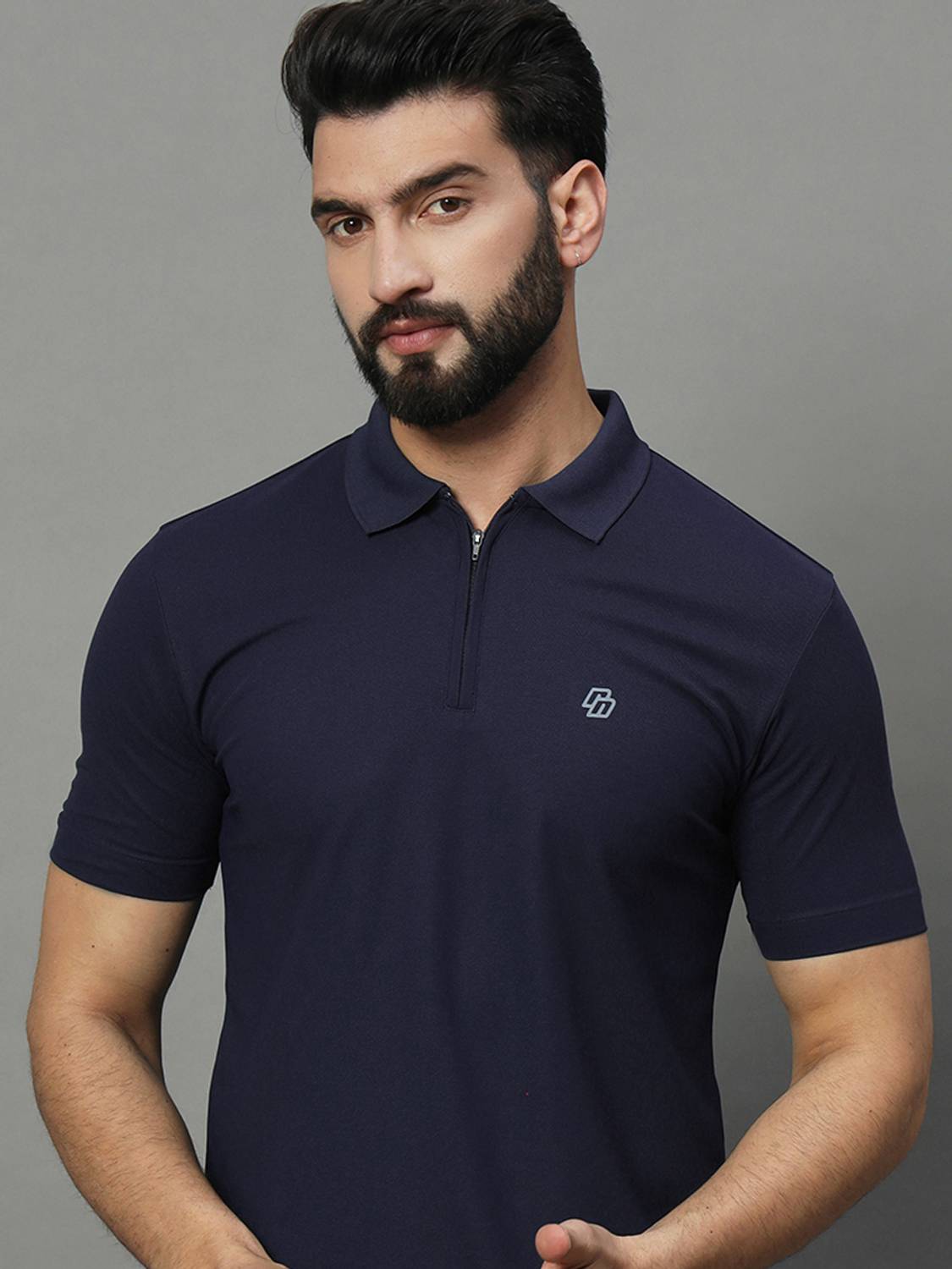 Nuovo Solid Men Zip Neck Navy Blue T-Shirt - Buy Nuovo Solid Men
