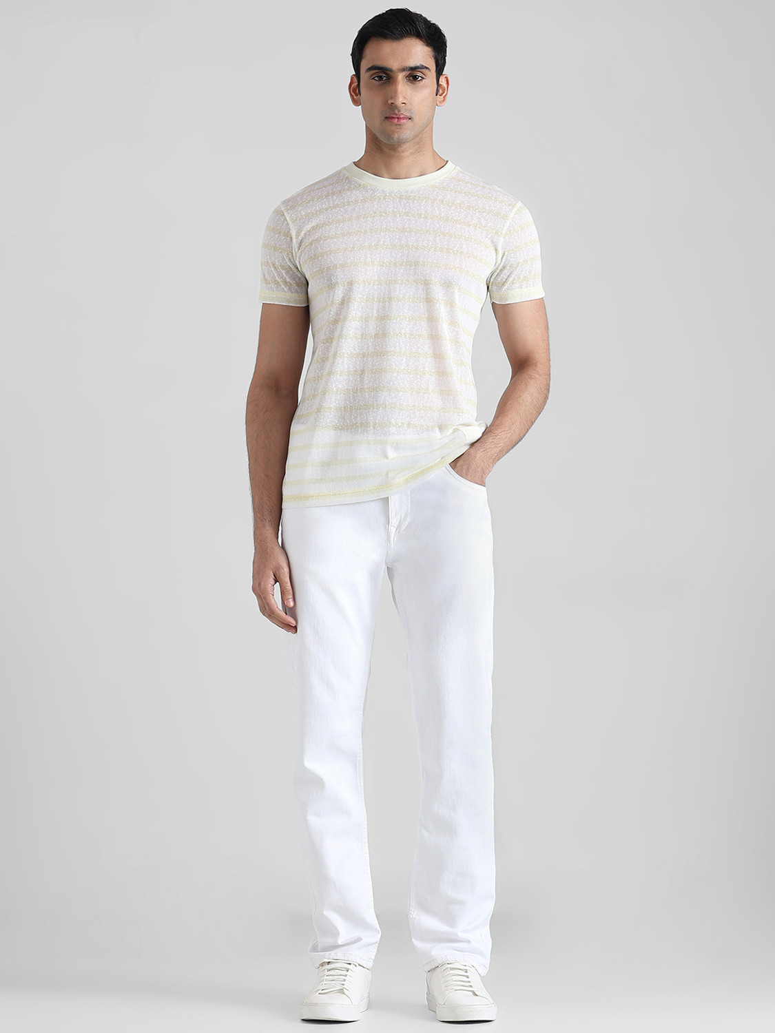 Image of MUFTI Striped Men Round Neck Yellow T-Shirt