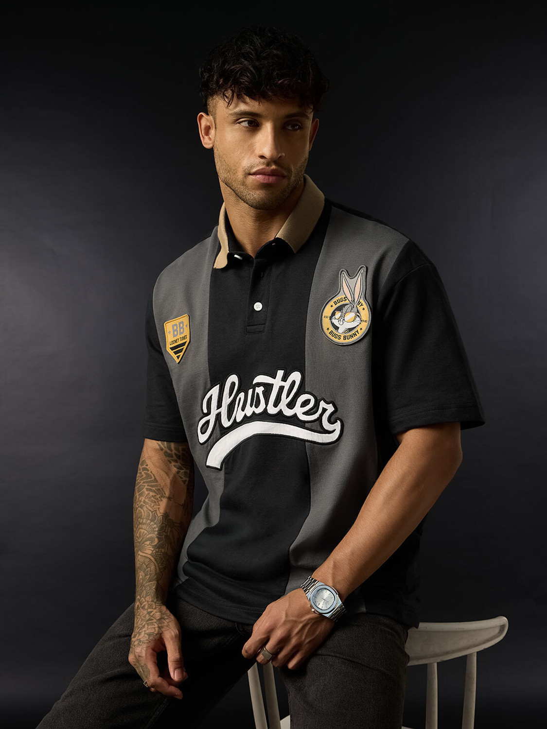 Image of The Souled Store Typography Men Polo Neck Black T-Shirt