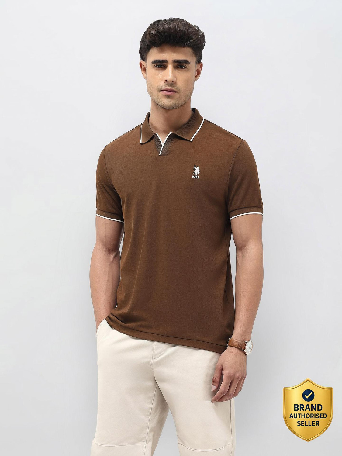 Image of U.S. POLO ASSN. Solid Men Polo Neck Brown T-Shirt