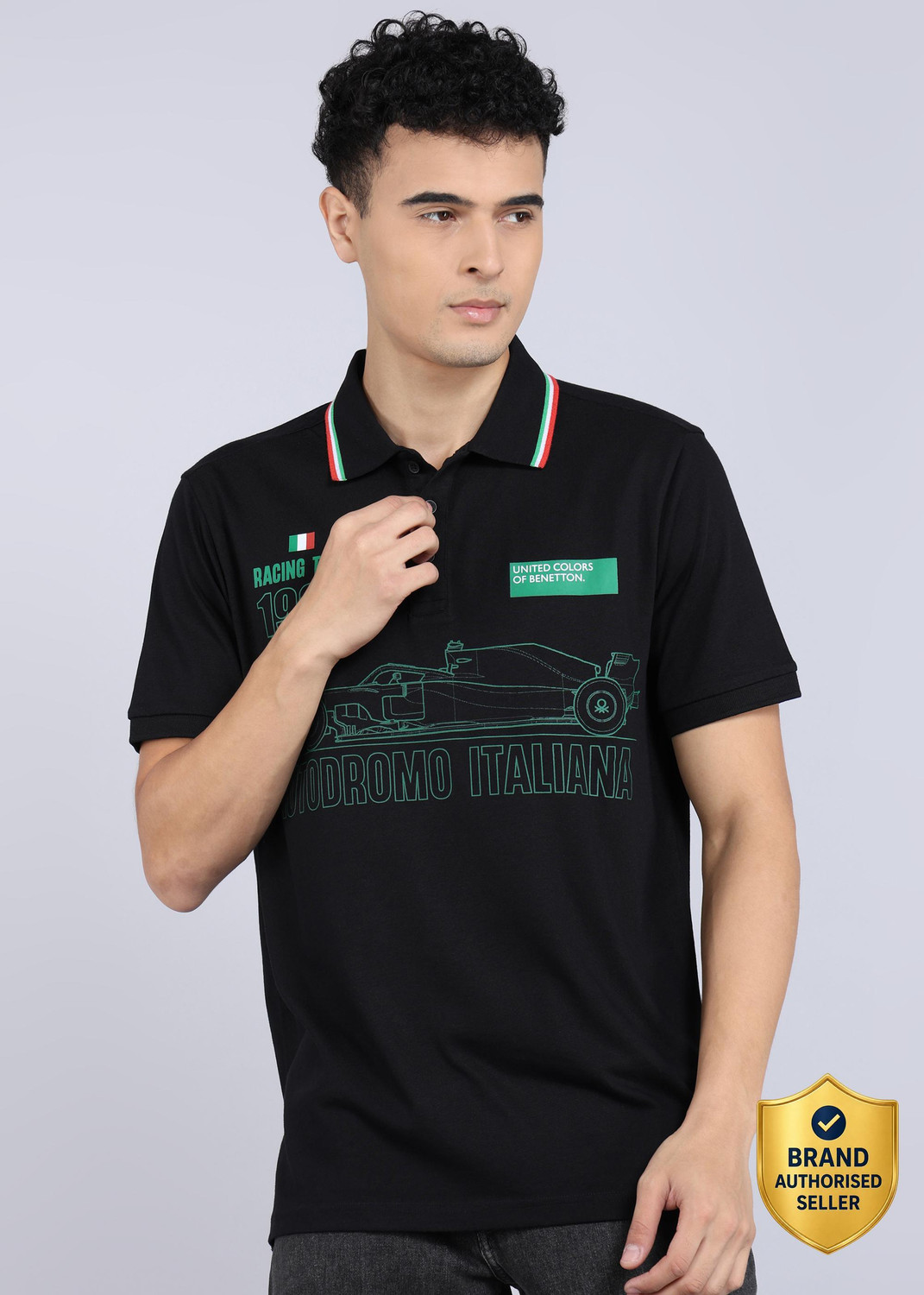 Image of United Colors of Benetton Solid Men Polo Neck Black T-Shirt