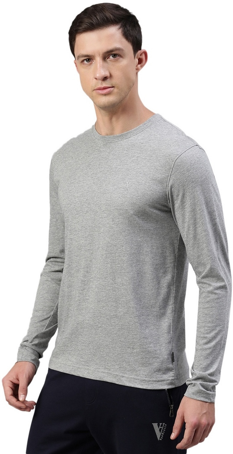 Image of VAN HEUSEN Solid Men Round Neck Grey T-Shirt