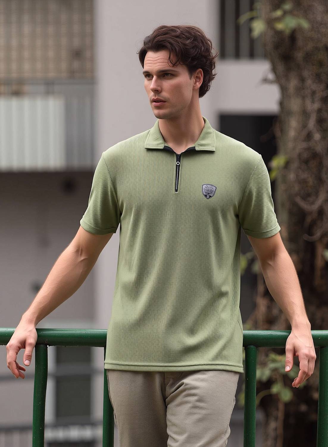 3BROS Men Self Design Polo Neck Polycotton Green T-Shirt