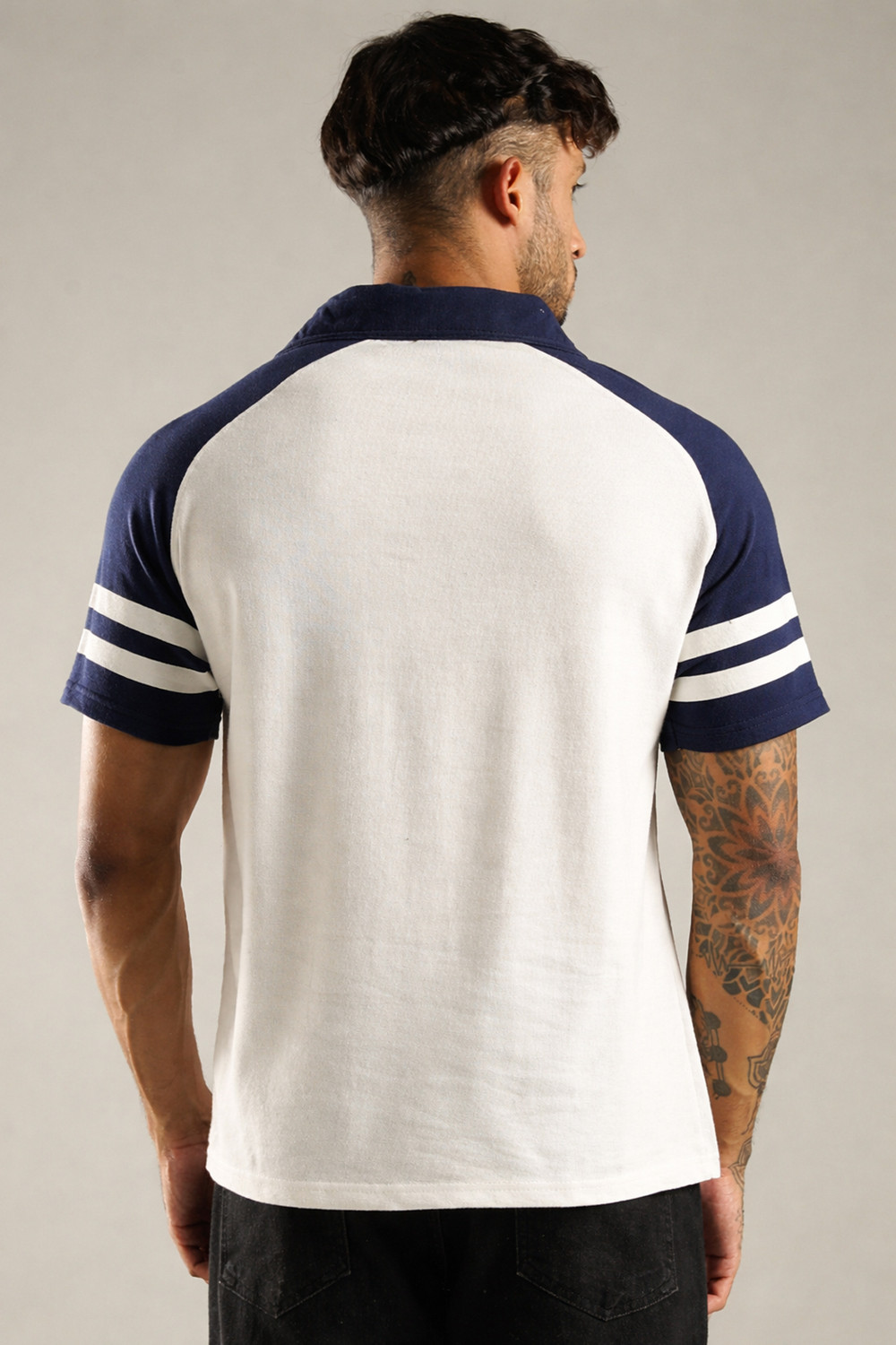 Image of SHINX Printed Men Polo Neck White, Dark Blue T-Shirt