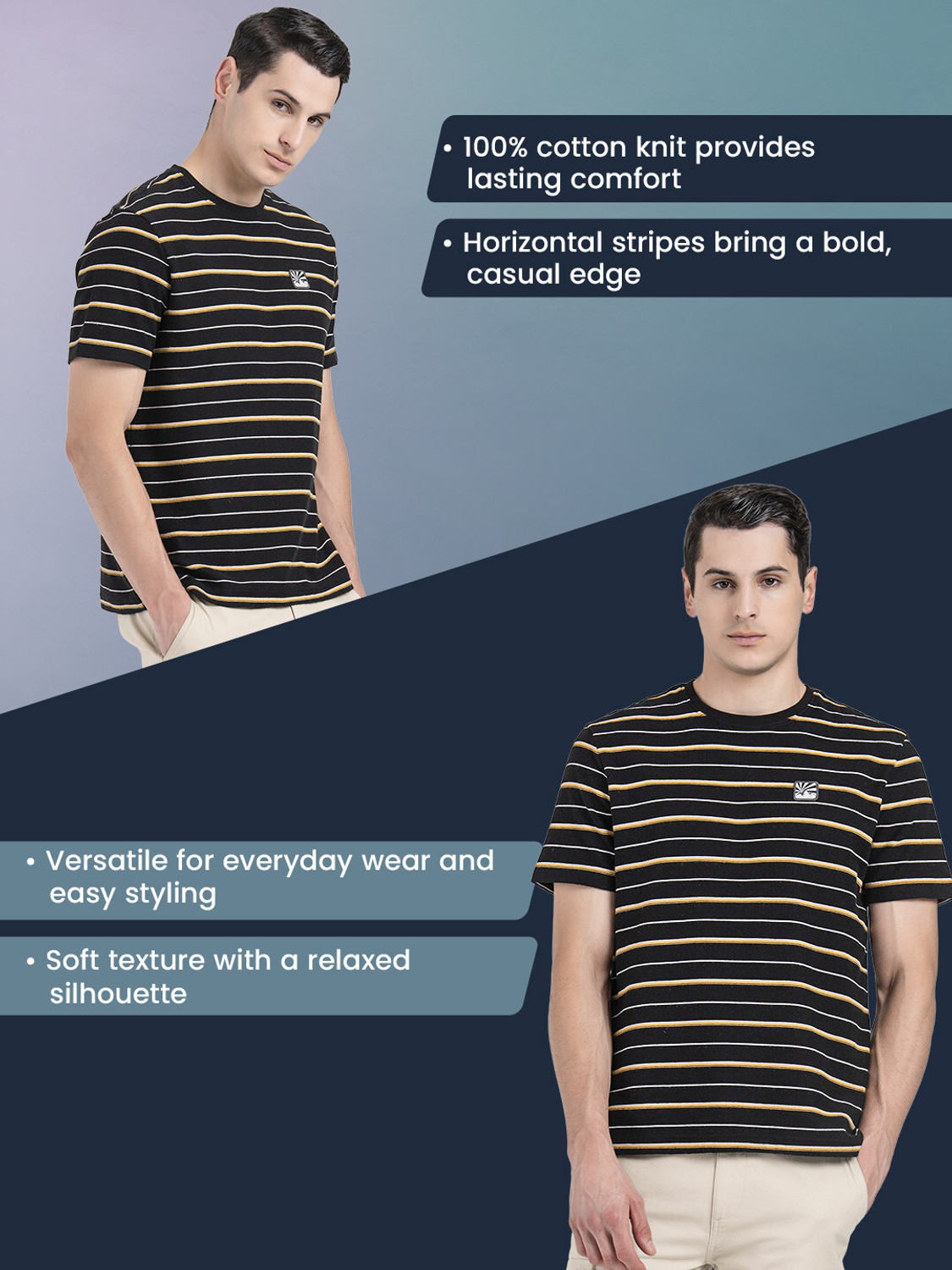 Image of RED TAPE Striped Men Round Neck Black T-Shirt
