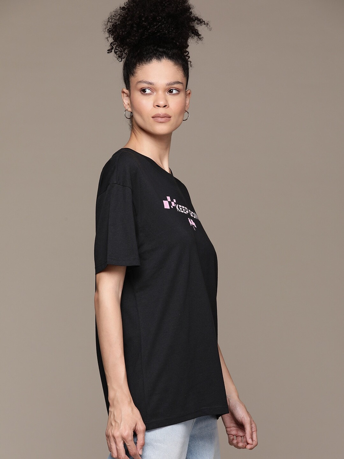 Image of Roadster Printed Women Round Neck Black T-Shirt