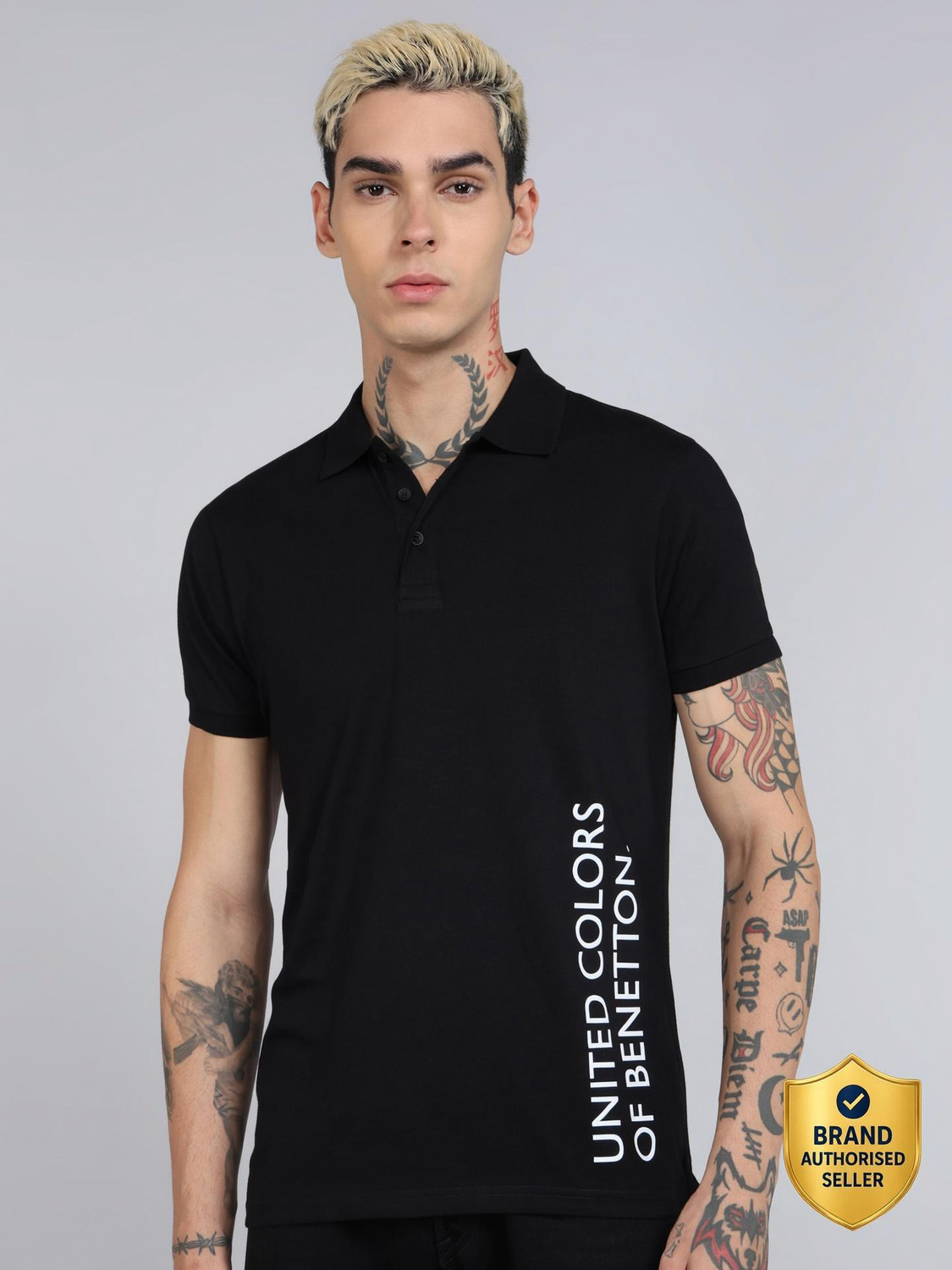 Image of United Colors of Benetton Printed Men Polo Neck Black T-Shirt