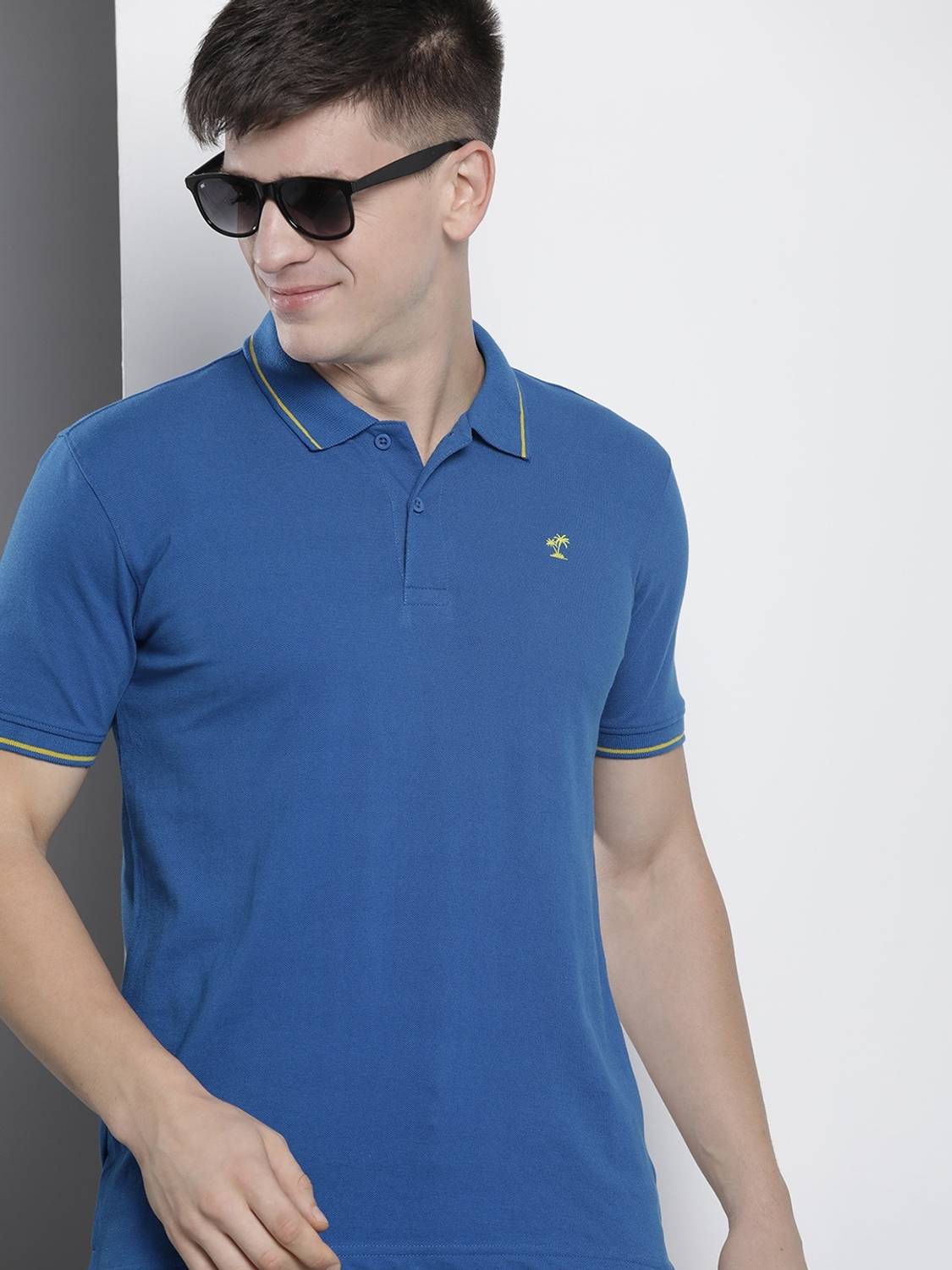 The Indian Garage Co. Men Solid Polo Neck Cotton Blend Blue T-Shi