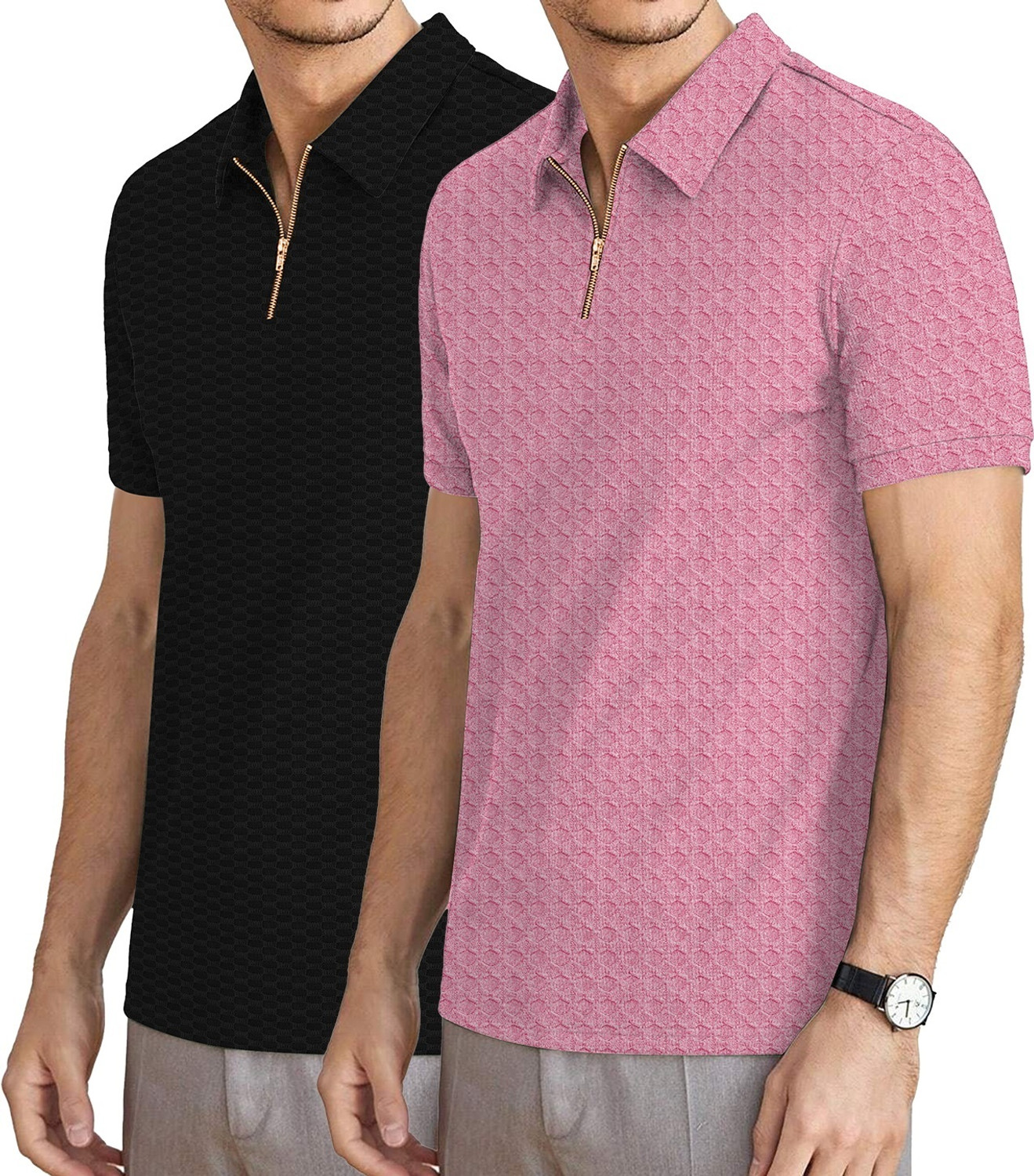 Image of KAJARU Self Design Men Zip Neck Black, Pink T-Shirt