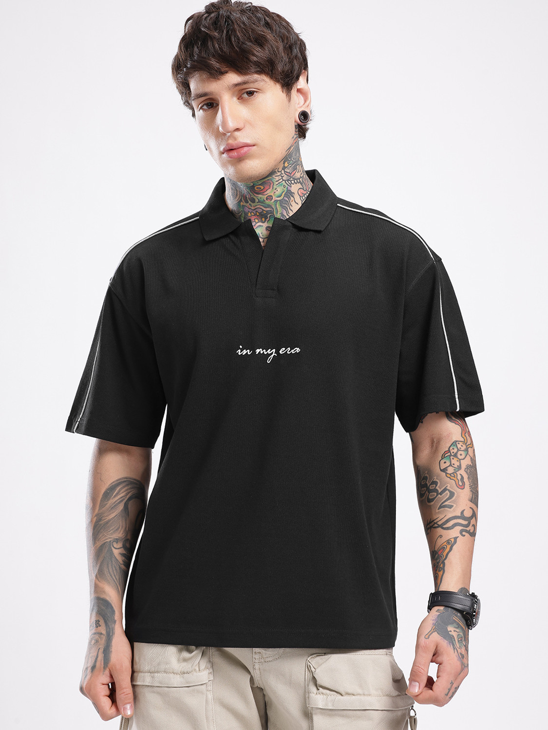 Image of Glitchez Embroidered Men Polo Neck Black T-Shirt