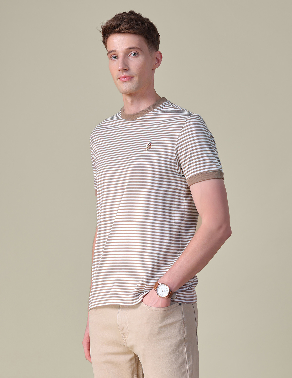 Image of U.S. Polo Assn. Denim Co. Striped Men Crew Neck Brown T-Shirt