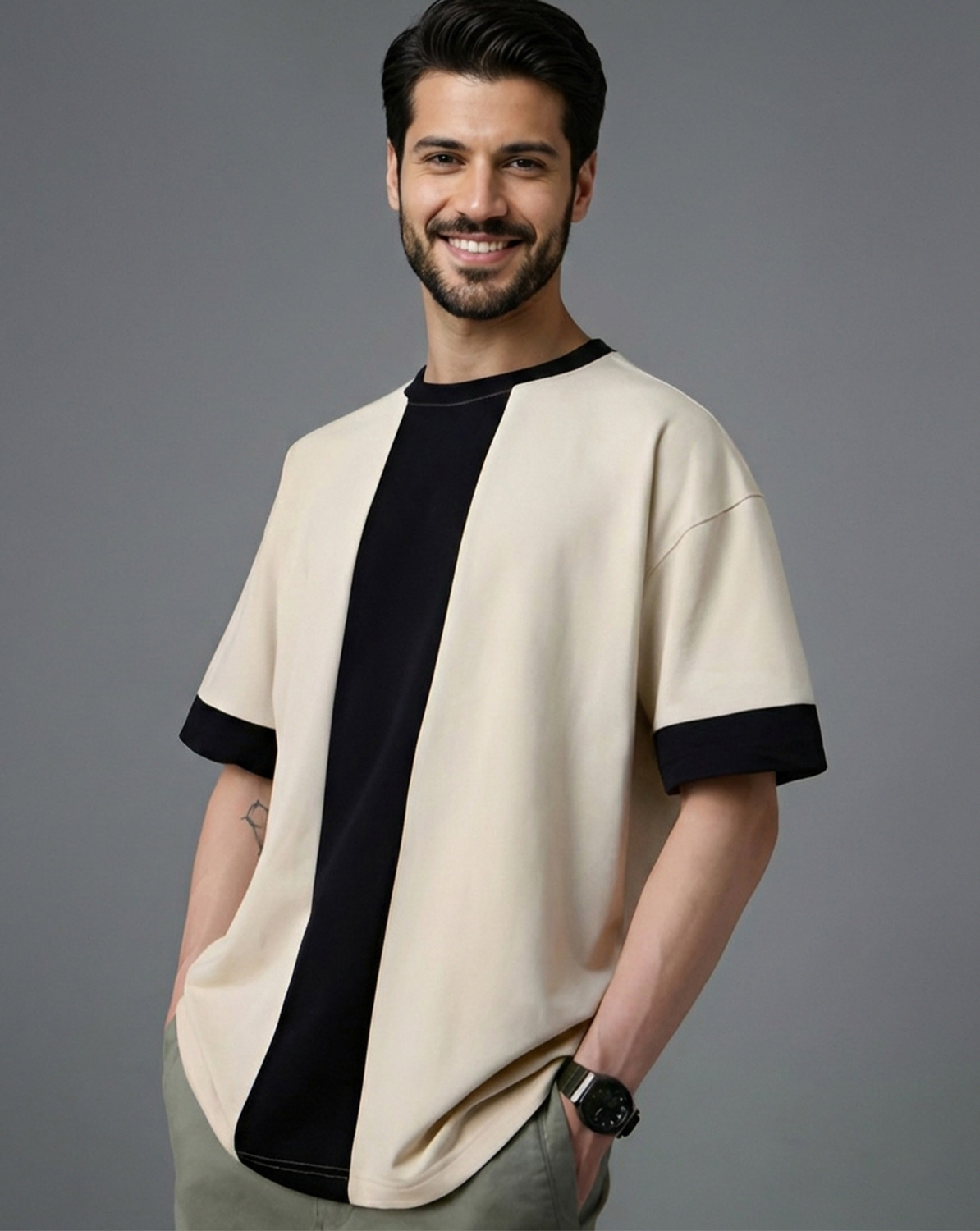 Image of METRONAUT Colorblock Men Round Neck Beige, Black T-Shirt