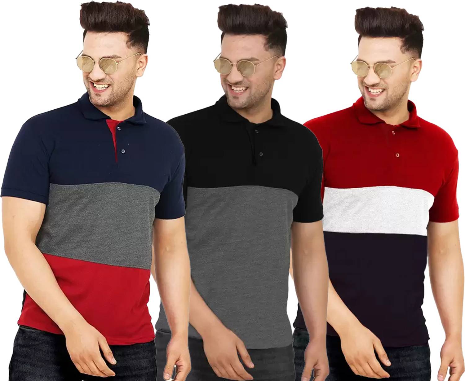 Leotude Men Colorblock Polo Neck Cotton Blend Multicolor T-Shirt