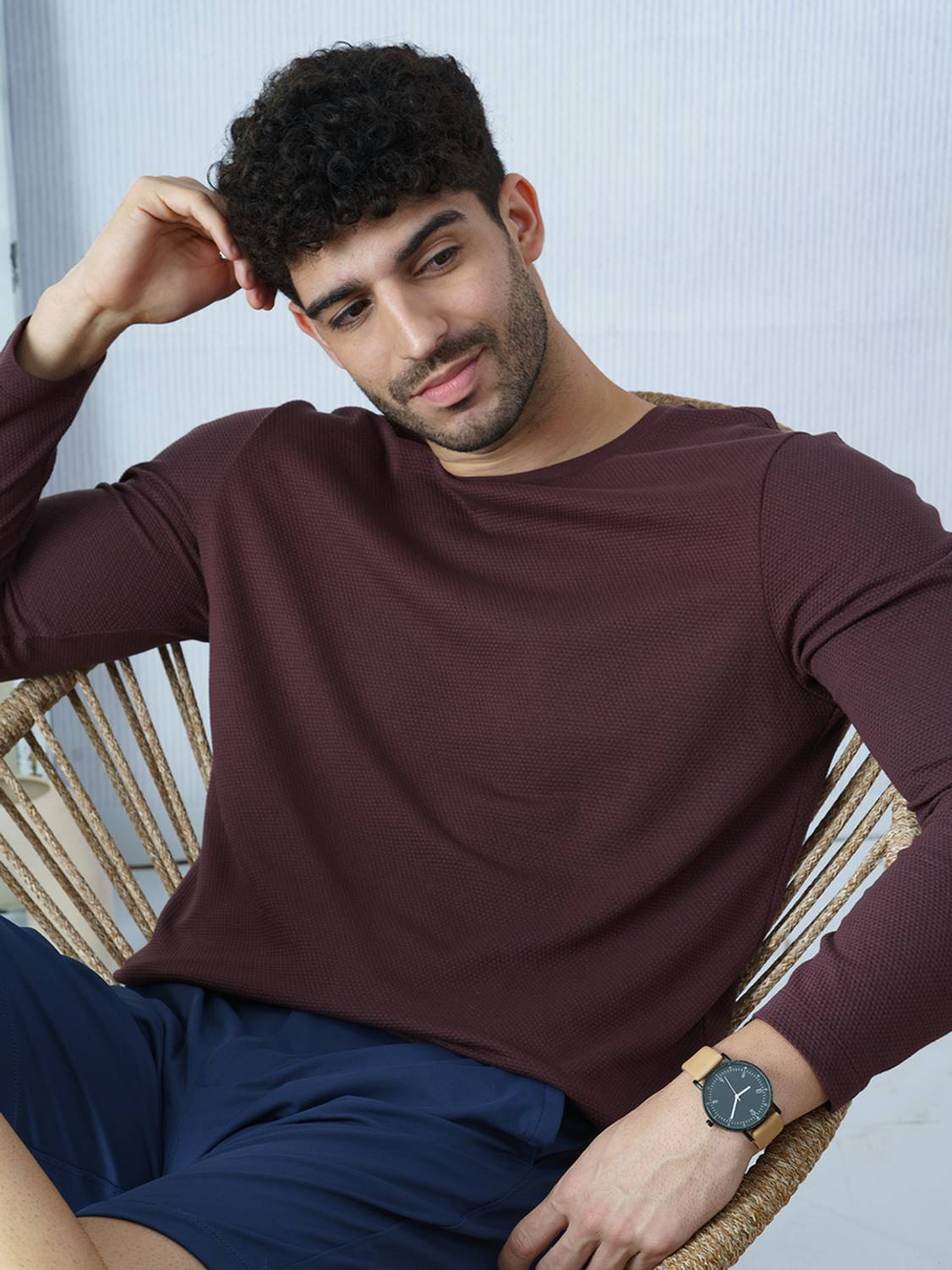 Damensch Men Self Design Round Neck Cotton Blend Brown T-Shirt