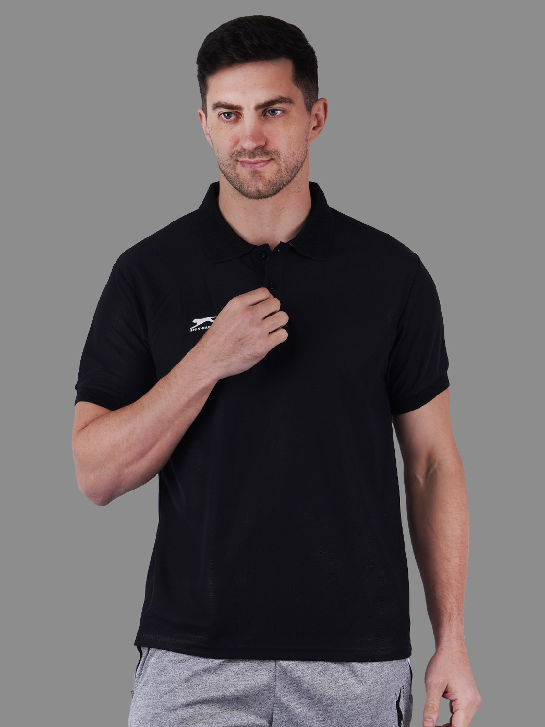 Image of Shiv Naresh Self Design Men Polo Neck Black T-Shirt