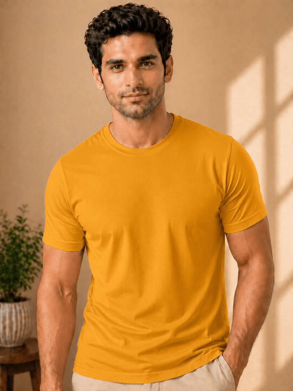 Fazoka Men Solid Round Neck Pure Cotton Yellow T-Shirt