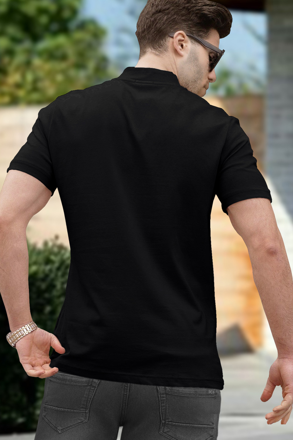 Image of TRIPR Solid Men Mandarin Collar Black T-Shirt