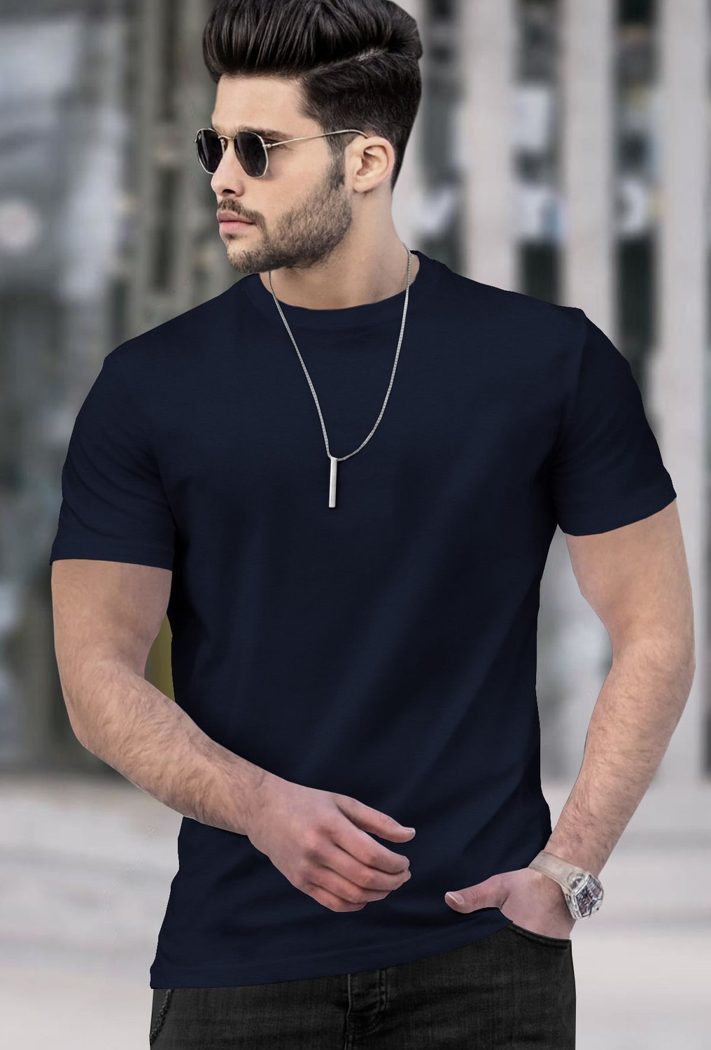 Image of TRIPR Solid Men Navy Blue T-Shirt