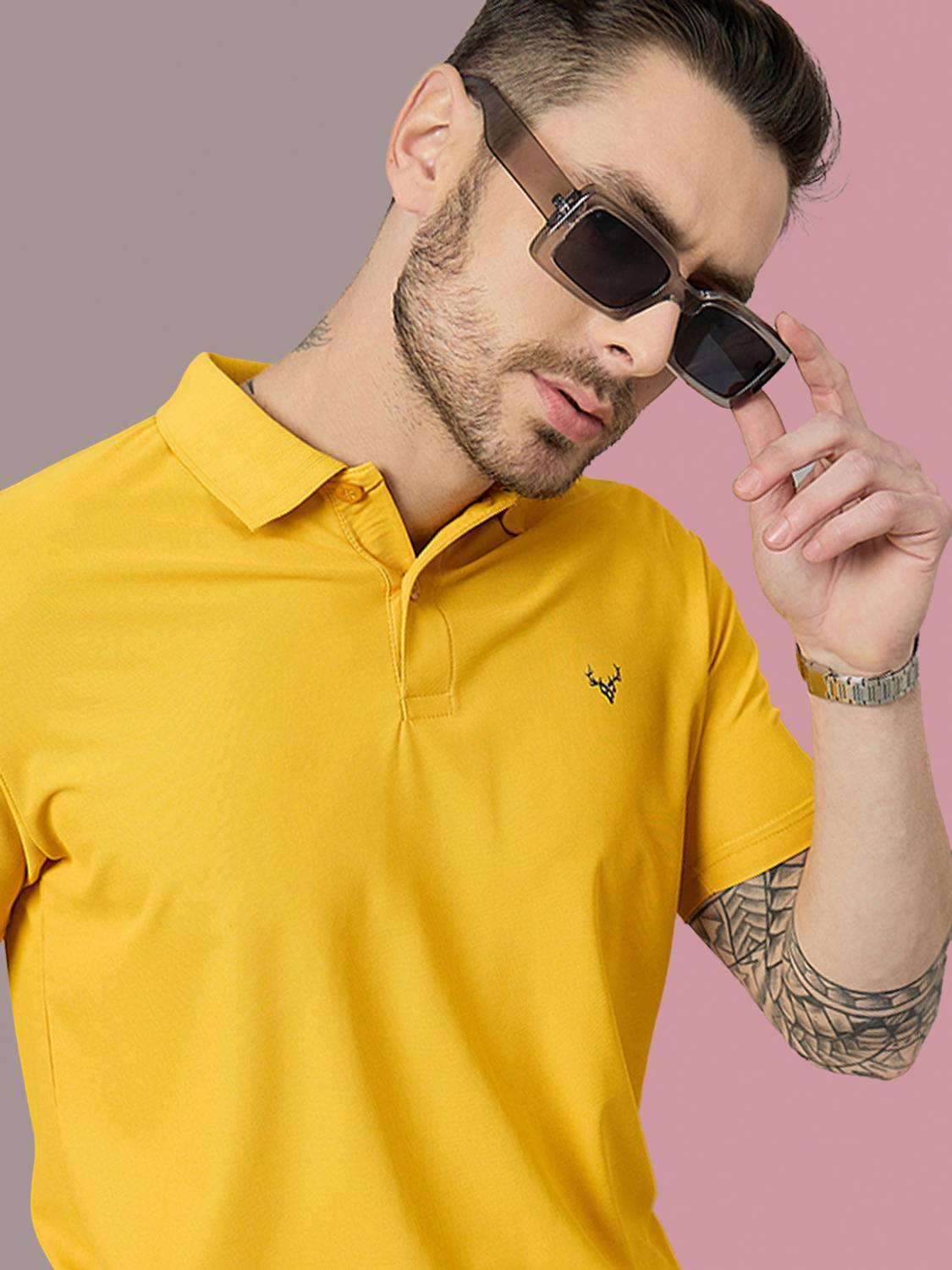 BRONATION Solid Men Polo Neck Yellow T-Shirt