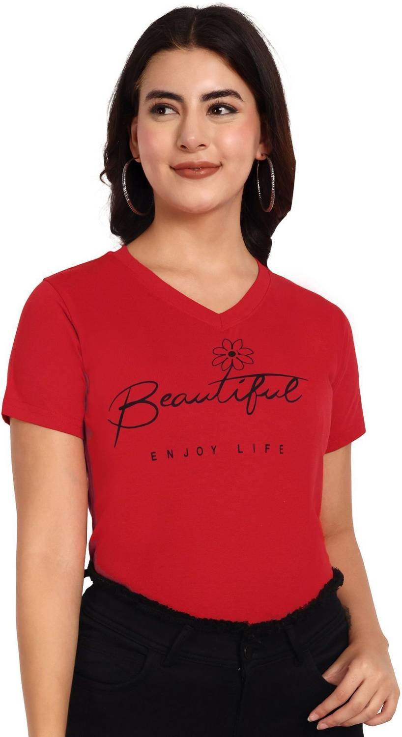 fasla Printed Women V Neck Red T-Shirt