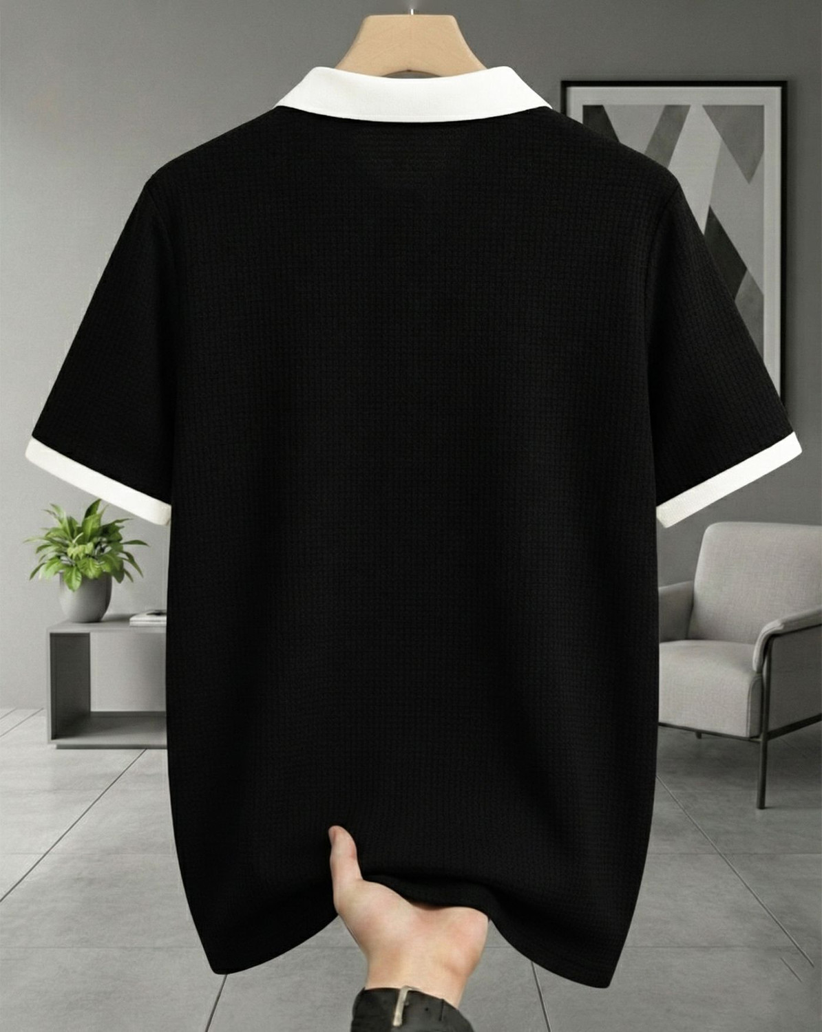 Image of AOOSH Self Design Men Zip Neck Black, White T-Shirt