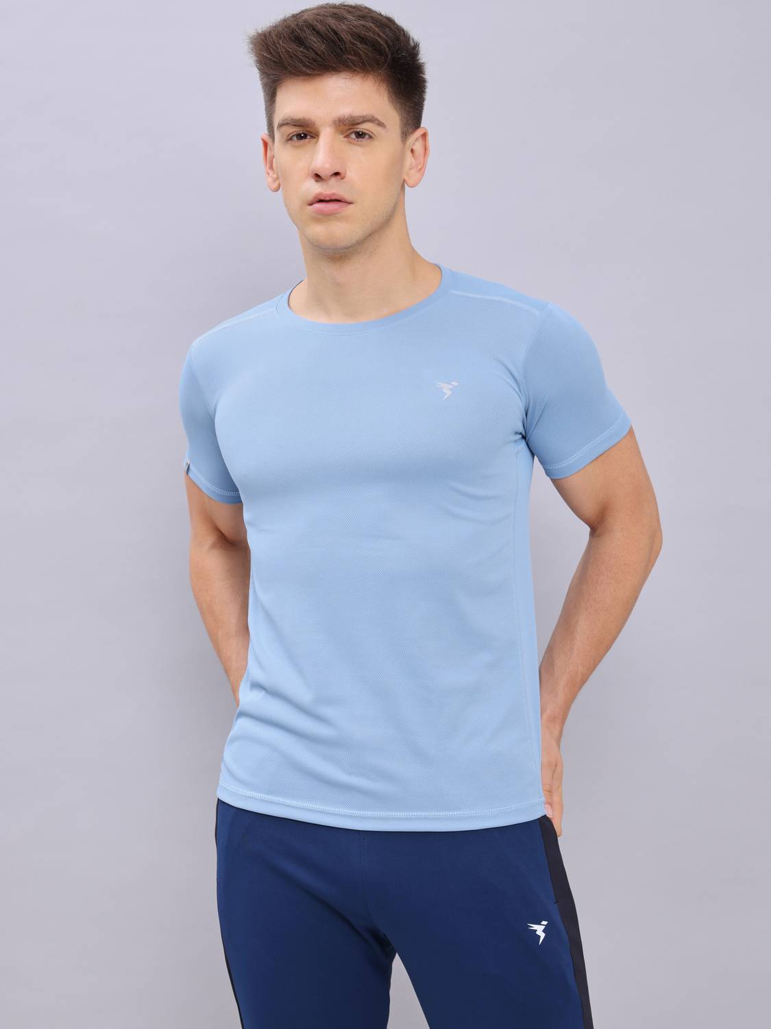 TECHNOSPORT Men Solid Round Neck Polyester Blue T-Shirt