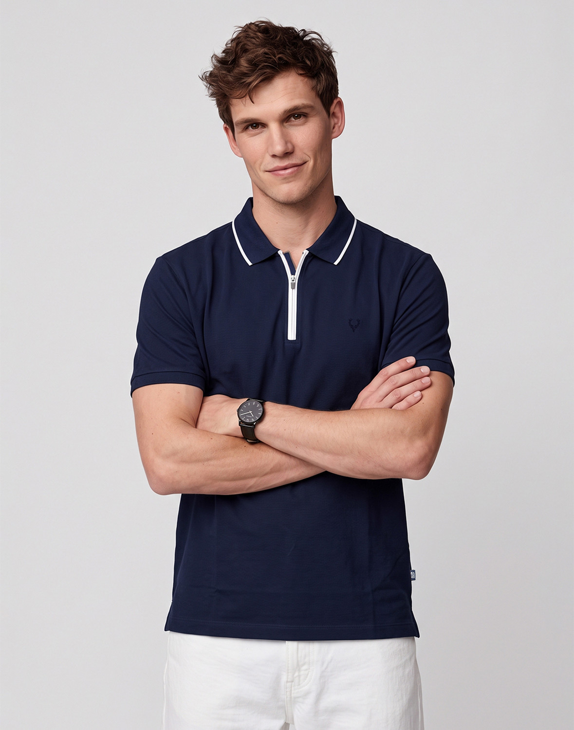 Image of Allen Solly Men Solid Polo Neck Cotton Blend Blue T-Shirt