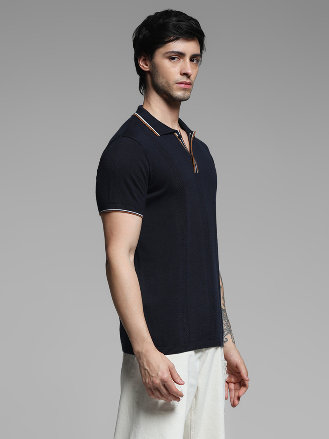 Image of JACK & JONES Self Design Men Polo Neck Black T-Shirt
