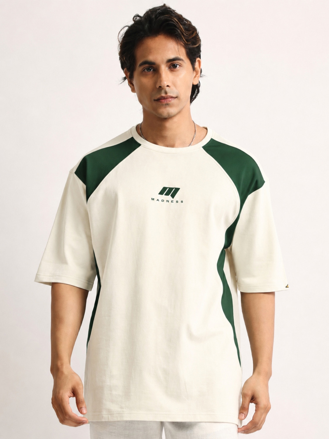 Image of MANIAC Colorblock Men Round Neck White T-Shirt