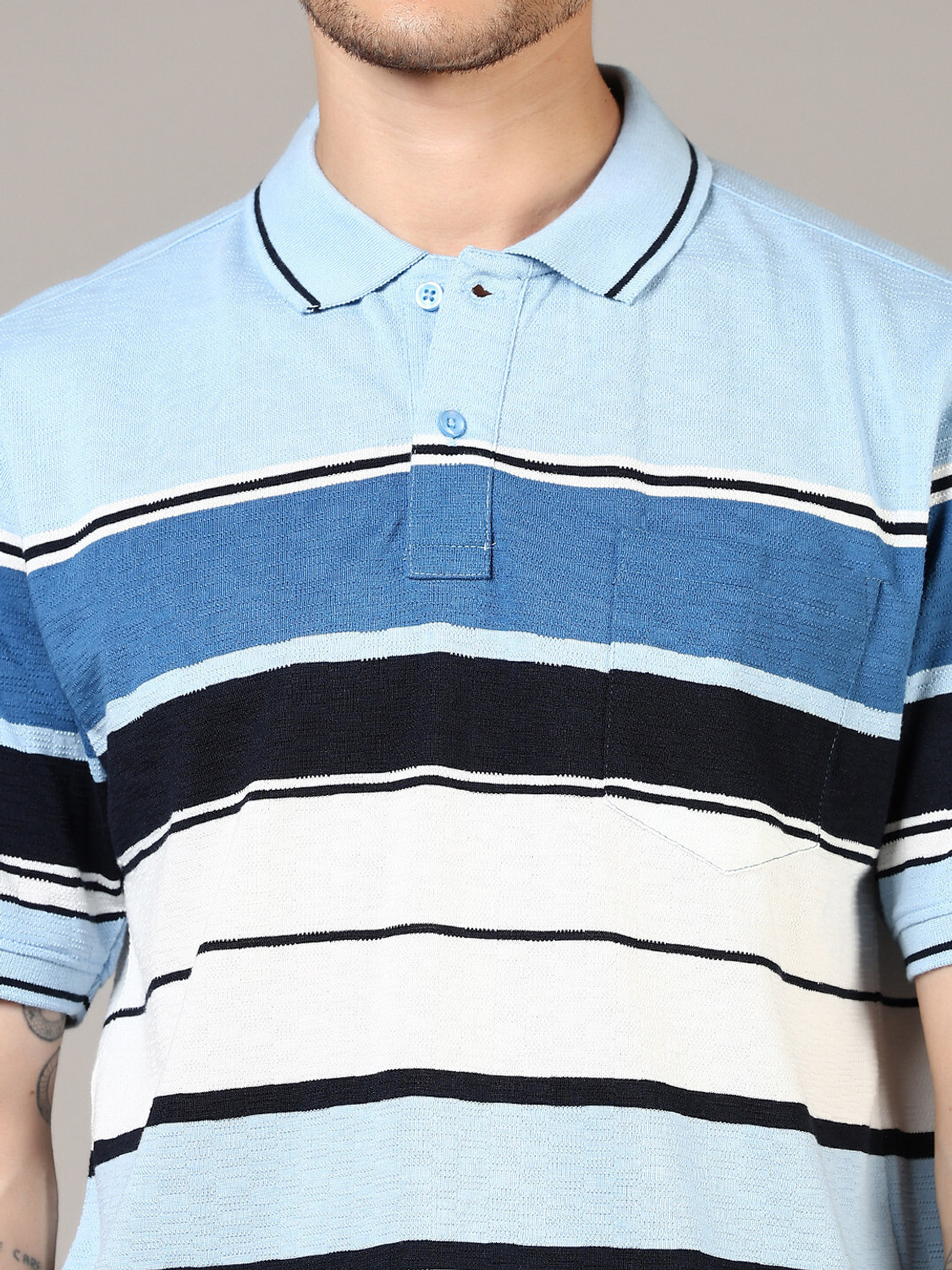 Image of V-MART Striped Men Polo Neck Blue T-Shirt