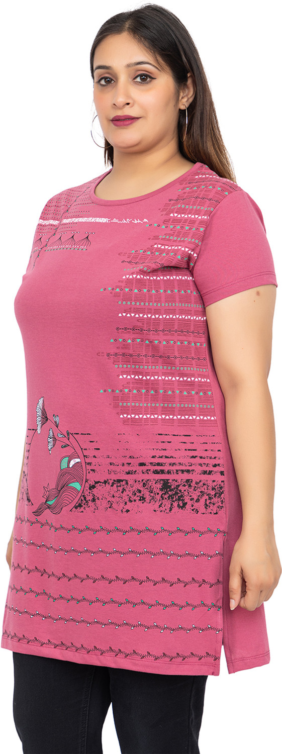 Image of Star Touch Floral Print Women Round Neck Pink, Red T-Shirt
