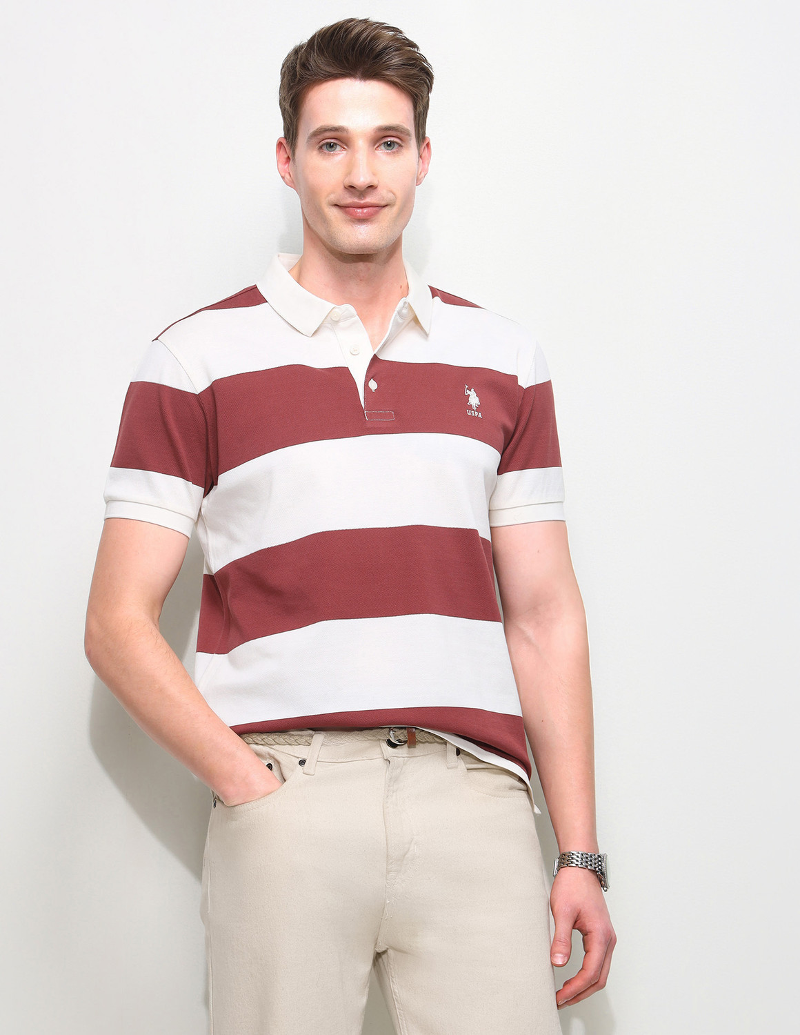 Image of U.S. POLO ASSN. Men Striped Polo Neck Pure Cotton Pink T-Shirt