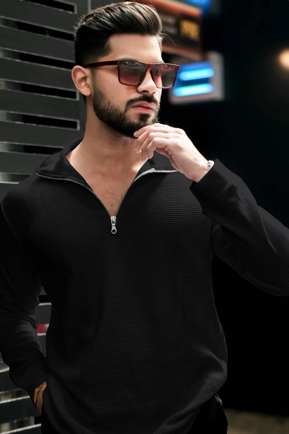 Men Self Design, Solid Polo Neck Cotton Blend Black T-Shirt - Image 4