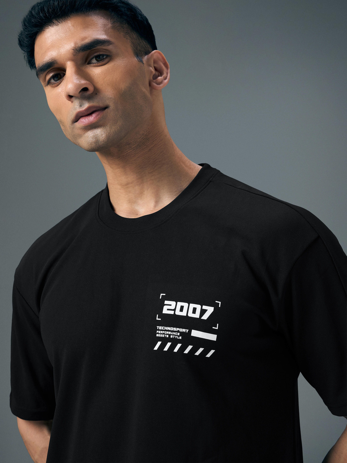 Image of TECHNOSPORT Sporty Men Round Neck Black T-Shirt