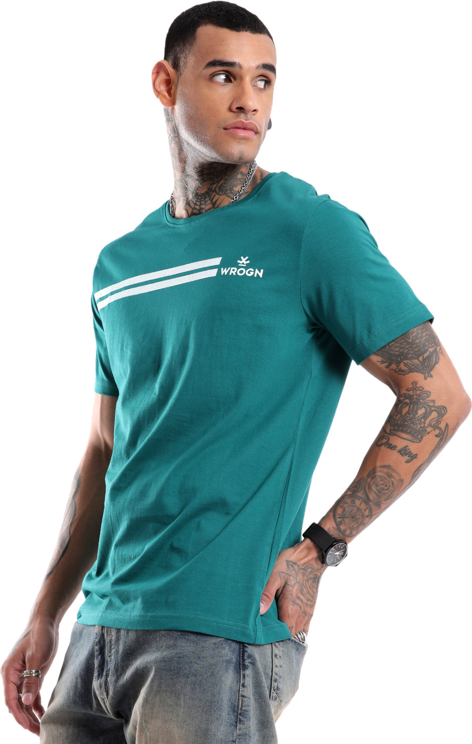 Image of WROGN Solid Men Crew Neck Blue T-Shirt